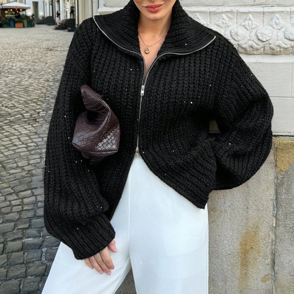 Black Casual Women's Loose Sequin Knit Sweater Jacket - Picture 3 of 3